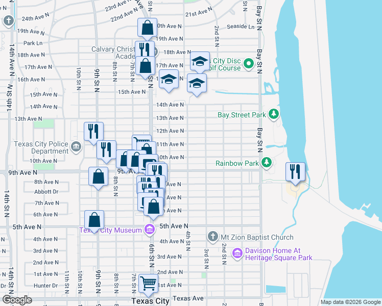 map of restaurants, bars, coffee shops, grocery stores, and more near 321 10th Avenue North in Texas City