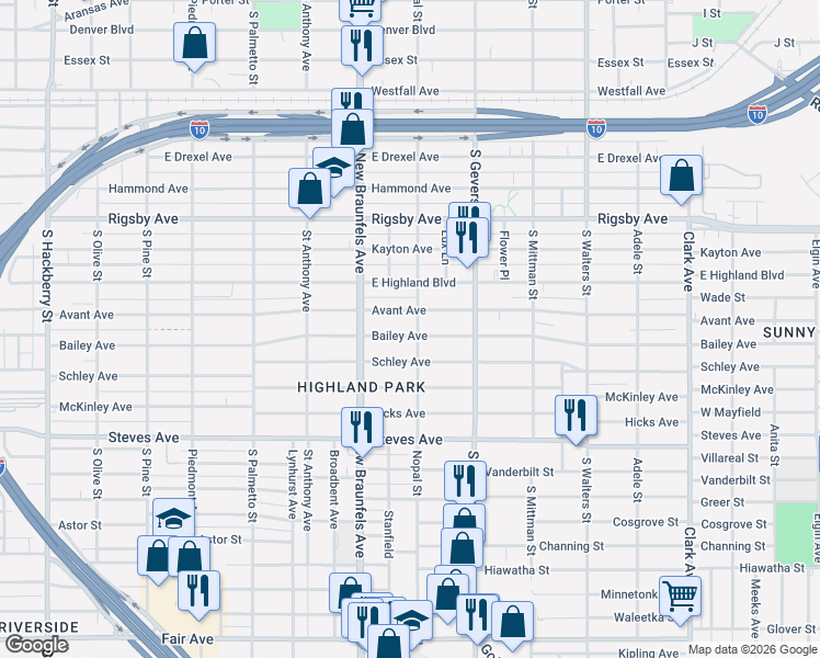 map of restaurants, bars, coffee shops, grocery stores, and more near 1527 Schley Avenue in San Antonio