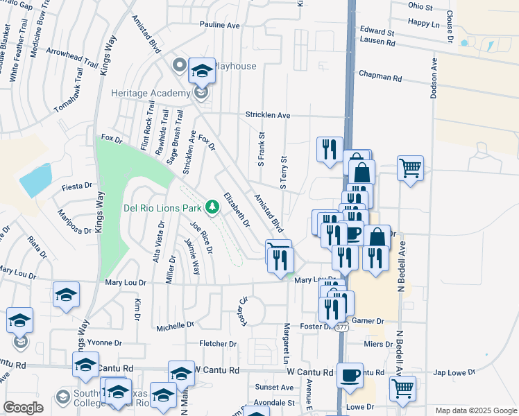 map of restaurants, bars, coffee shops, grocery stores, and more near 218 Fox Drive in Del Rio