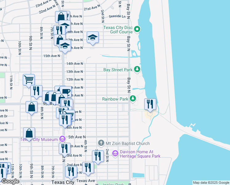 map of restaurants, bars, coffee shops, grocery stores, and more near 125 10th Avenue North in Texas City
