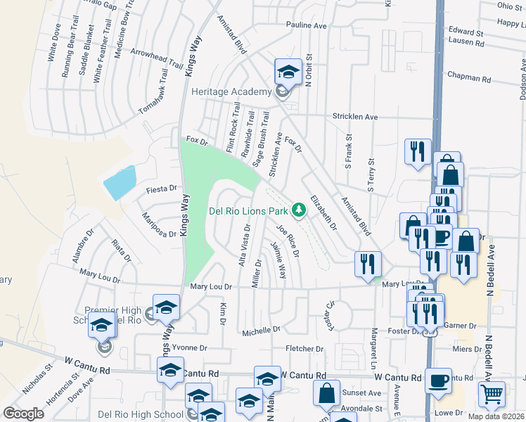 map of restaurants, bars, coffee shops, grocery stores, and more near 250 Miller Drive in Del Rio