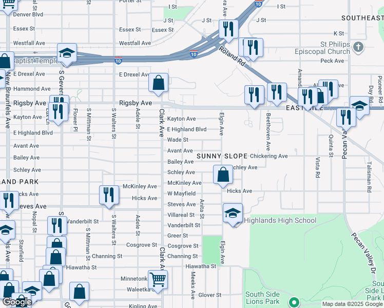 map of restaurants, bars, coffee shops, grocery stores, and more near 1418 Avant Avenue in San Antonio
