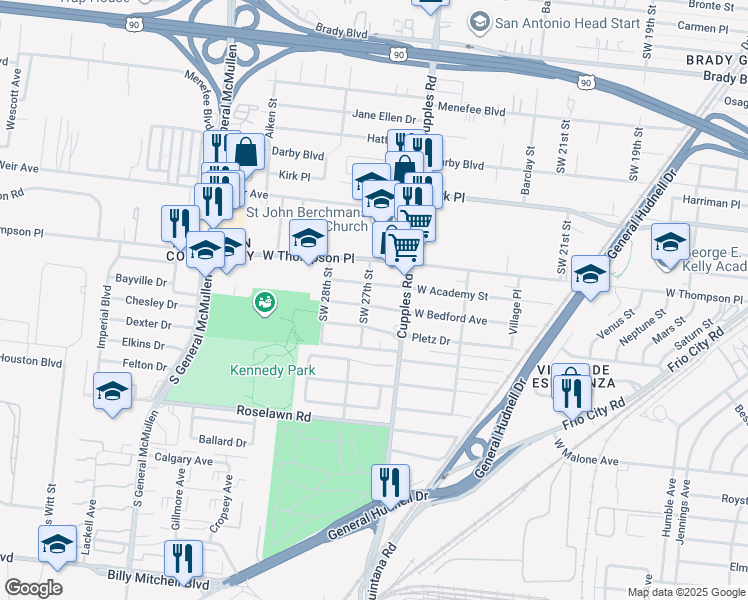 map of restaurants, bars, coffee shops, grocery stores, and more near 507 West Academy Street in San Antonio