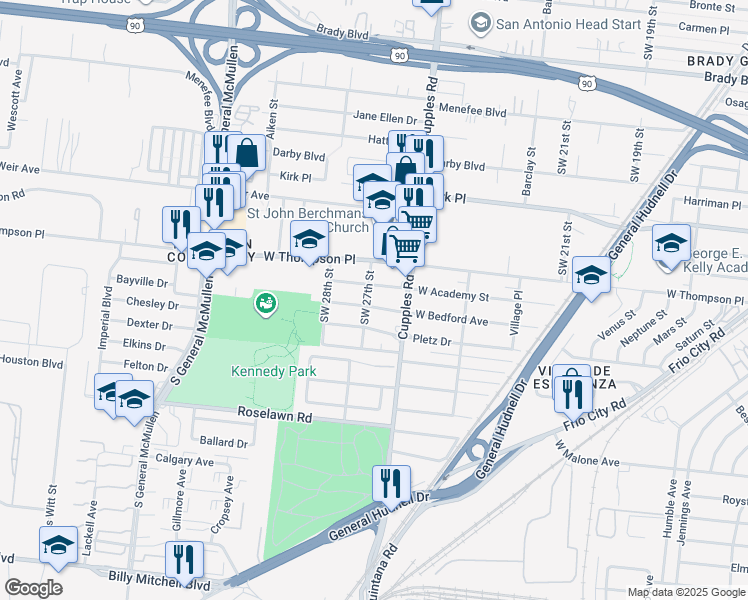 map of restaurants, bars, coffee shops, grocery stores, and more near 507 West Academy Street in San Antonio