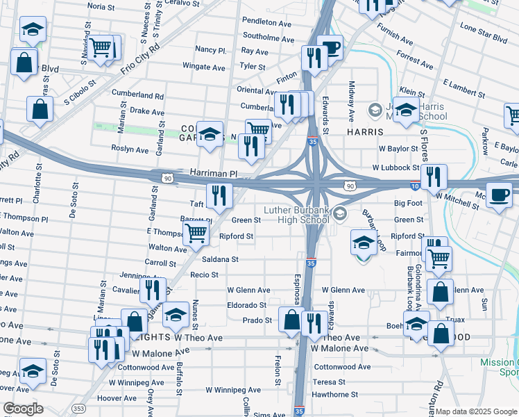map of restaurants, bars, coffee shops, grocery stores, and more near 911 Big Foot in San Antonio