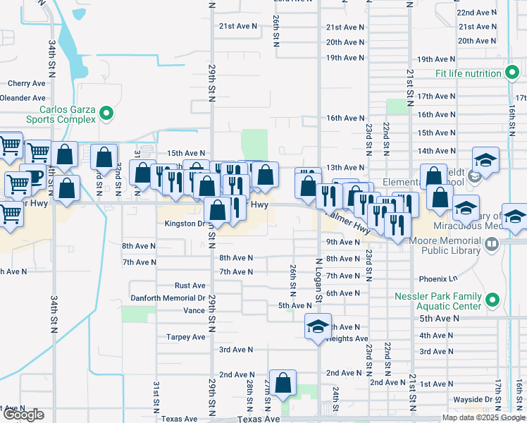 map of restaurants, bars, coffee shops, grocery stores, and more near 2622 Palmer Highway in Texas City