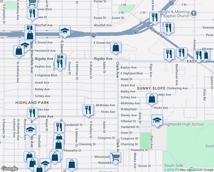 map of restaurants, bars, coffee shops, grocery stores, and more near 1223 Avant Avenue in San Antonio