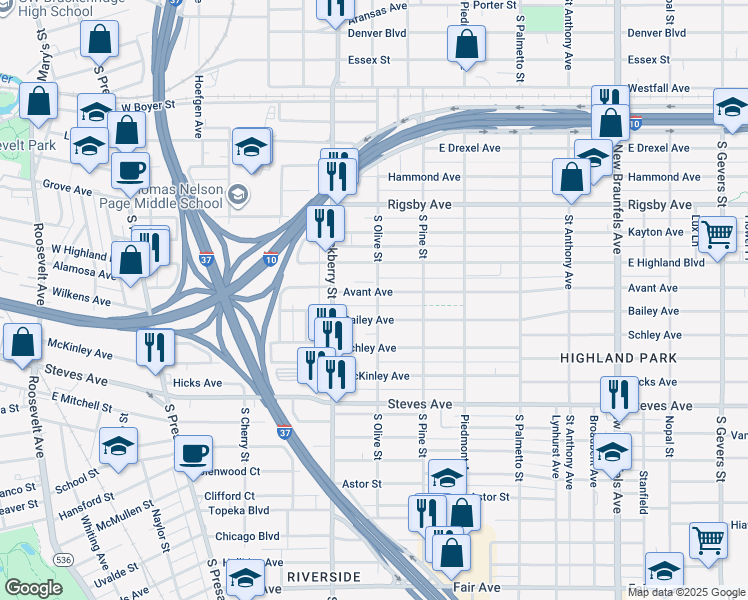 map of restaurants, bars, coffee shops, grocery stores, and more near 534 East Highland Boulevard in San Antonio