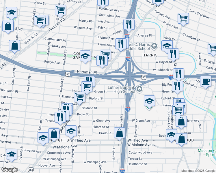 map of restaurants, bars, coffee shops, grocery stores, and more near 323 Maury Street in San Antonio