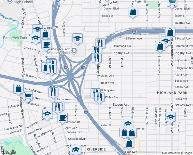 map of restaurants, bars, coffee shops, grocery stores, and more near 2211 South Hackberry Street in San Antonio