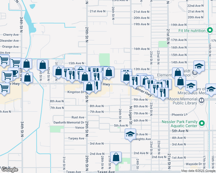 map of restaurants, bars, coffee shops, grocery stores, and more near 2622 Palmer Highway in Texas City