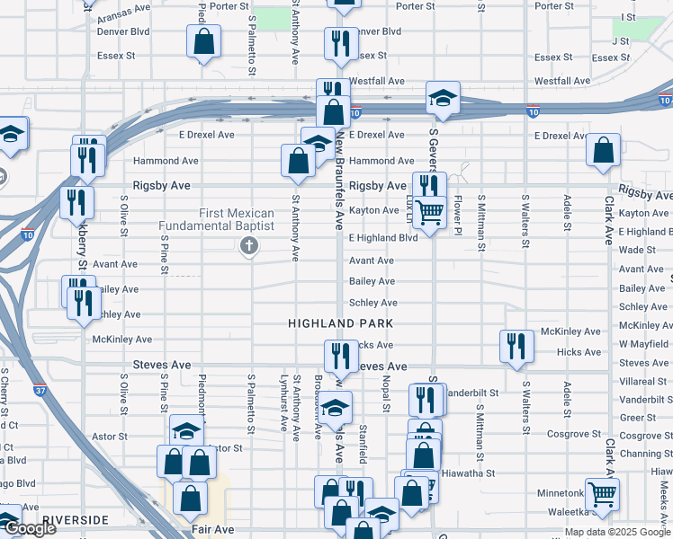 map of restaurants, bars, coffee shops, grocery stores, and more near 647 Avant Avenue in San Antonio