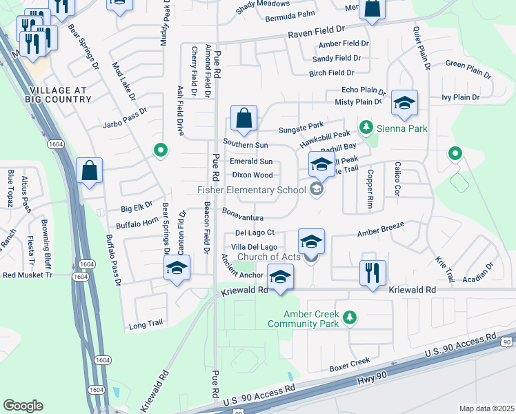 map of restaurants, bars, coffee shops, grocery stores, and more near 10119 Fossil Valley in San Antonio