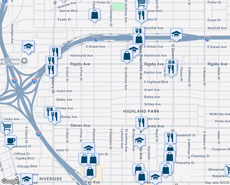 map of restaurants, bars, coffee shops, grocery stores, and more near 523 Avant Avenue in San Antonio