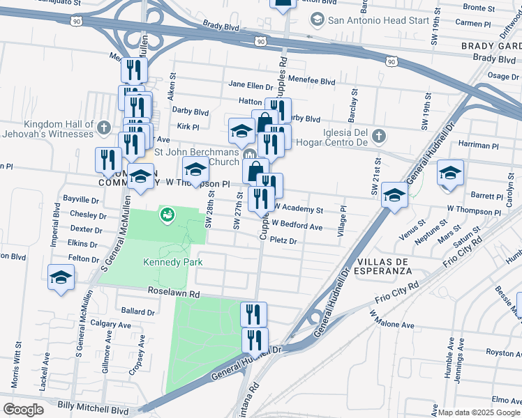 map of restaurants, bars, coffee shops, grocery stores, and more near 1211 Cupples Road in San Antonio