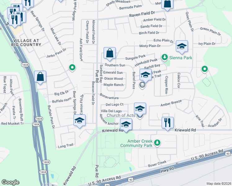 map of restaurants, bars, coffee shops, grocery stores, and more near 10119 Fossil Valley in San Antonio