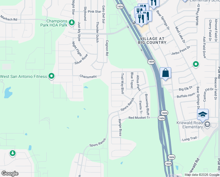 map of restaurants, bars, coffee shops, grocery stores, and more near 3523 Bisley Pass in San Antonio