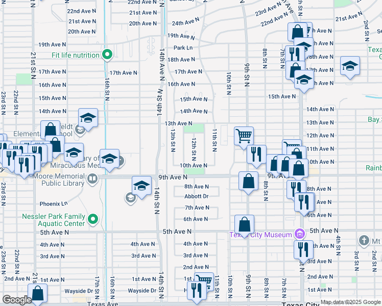 map of restaurants, bars, coffee shops, grocery stores, and more near 1009 12th Street North in Texas City