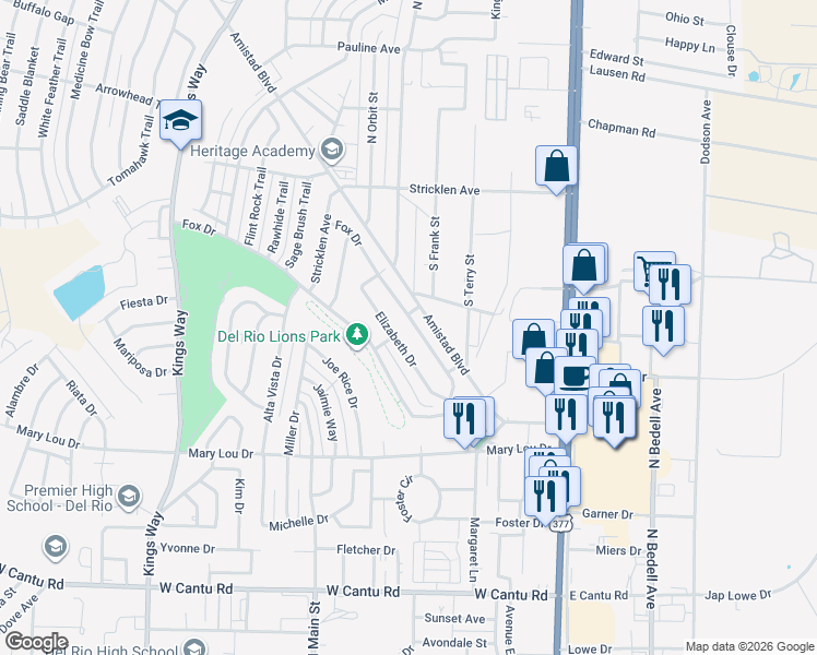 map of restaurants, bars, coffee shops, grocery stores, and more near 212 Fox Drive in Del Rio
