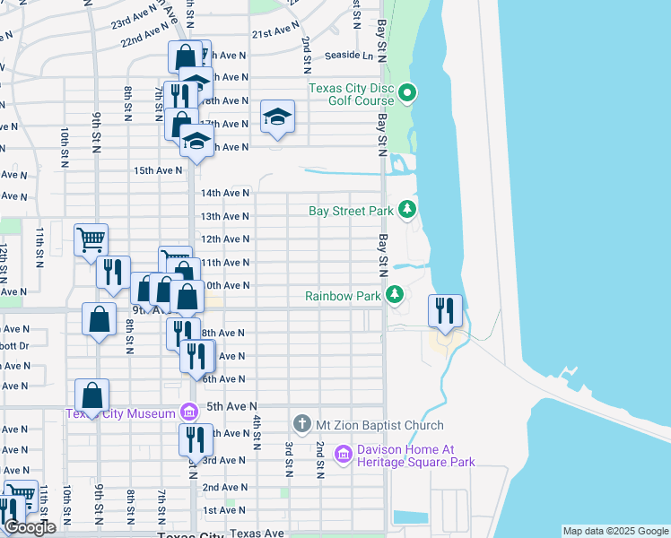 map of restaurants, bars, coffee shops, grocery stores, and more near 115 11th Avenue North in Texas City