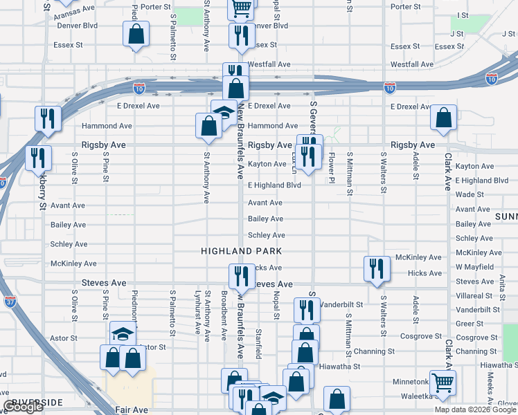 map of restaurants, bars, coffee shops, grocery stores, and more near 731 Avant Avenue in San Antonio