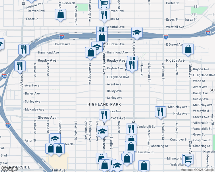 map of restaurants, bars, coffee shops, grocery stores, and more near 731 Avant Avenue in San Antonio