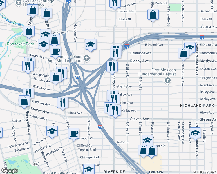 map of restaurants, bars, coffee shops, grocery stores, and more near 419 Buckingham Avenue in San Antonio