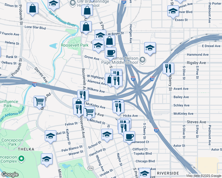 map of restaurants, bars, coffee shops, grocery stores, and more near 2701 South Presa Street in San Antonio
