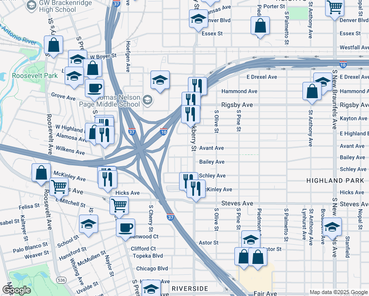 map of restaurants, bars, coffee shops, grocery stores, and more near 434 Buckingham Avenue in San Antonio