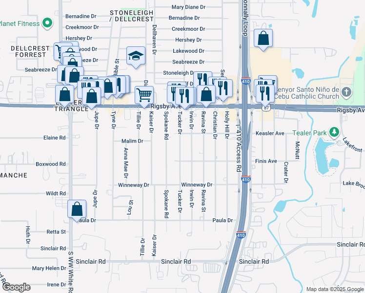 map of restaurants, bars, coffee shops, grocery stores, and more near 2602 Tucker Drive in San Antonio