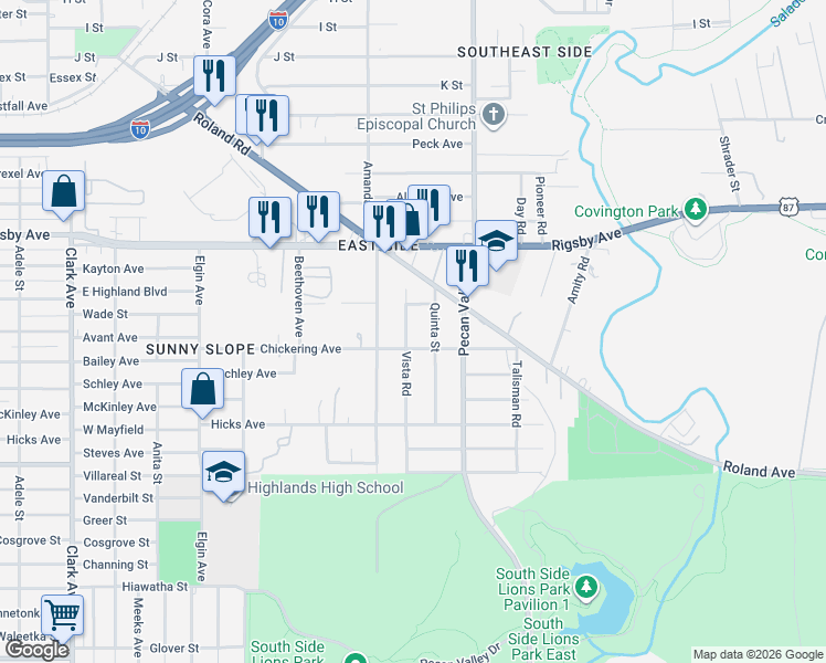 map of restaurants, bars, coffee shops, grocery stores, and more near 121 Quinta Street in San Antonio