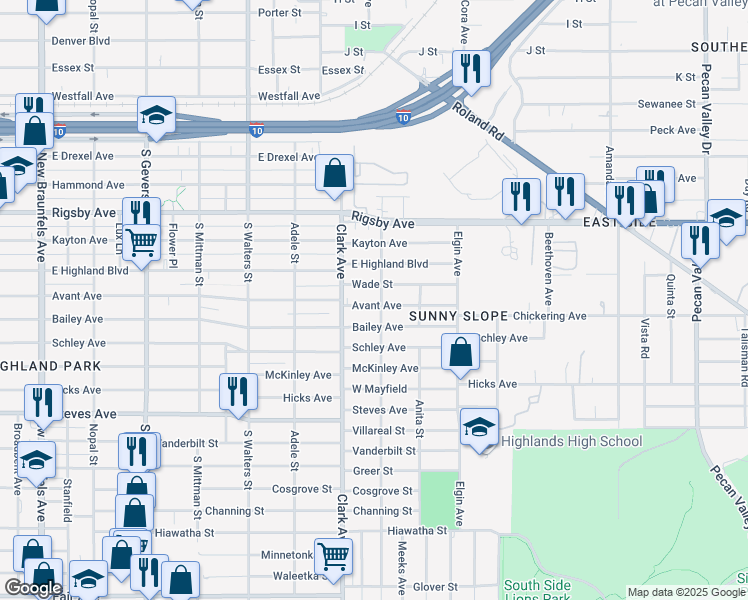 map of restaurants, bars, coffee shops, grocery stores, and more near 2718 Wade Street in San Antonio
