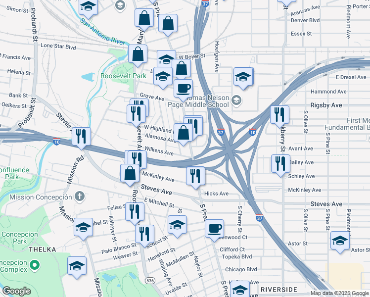 map of restaurants, bars, coffee shops, grocery stores, and more near 106 Alamosa Avenue in San Antonio