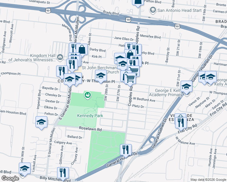 map of restaurants, bars, coffee shops, grocery stores, and more near 507 West Academy Street in San Antonio