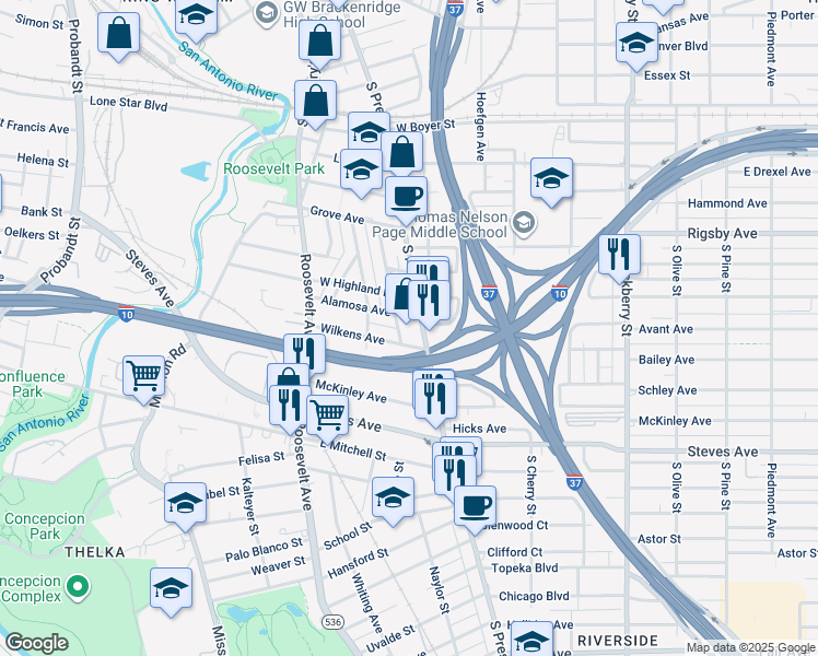 map of restaurants, bars, coffee shops, grocery stores, and more near 106 Alamosa Avenue in San Antonio
