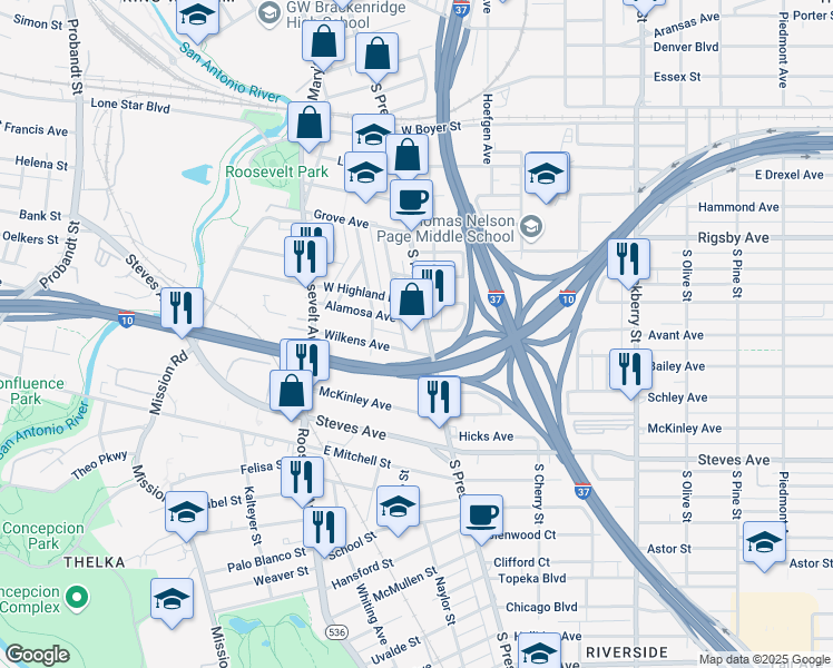 map of restaurants, bars, coffee shops, grocery stores, and more near 2701 South Presa Street in San Antonio