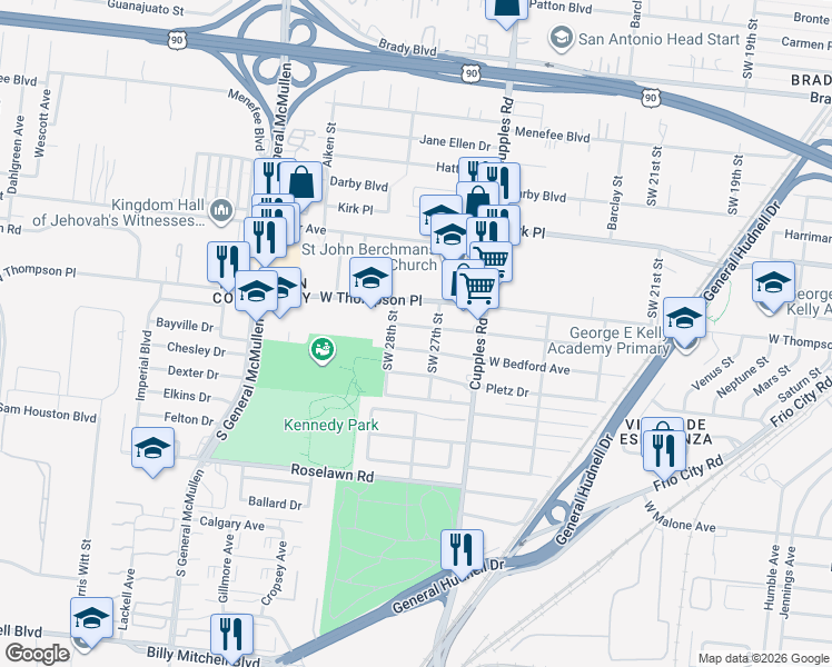 map of restaurants, bars, coffee shops, grocery stores, and more near 507 West Academy Street in San Antonio