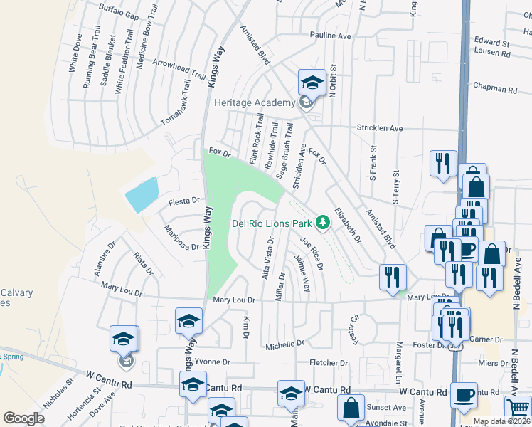 map of restaurants, bars, coffee shops, grocery stores, and more near 102 Arroyo Drive in Del Rio