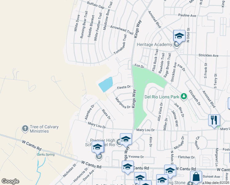 map of restaurants, bars, coffee shops, grocery stores, and more near 122 Fiesta Dr in Del Rio