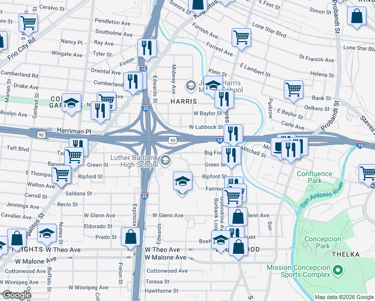 map of restaurants, bars, coffee shops, grocery stores, and more near 411 Big Foot in San Antonio