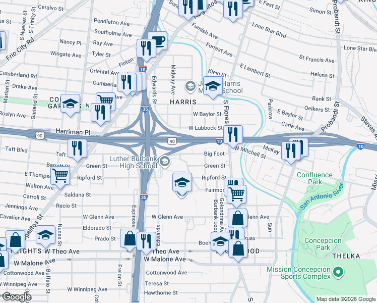 map of restaurants, bars, coffee shops, grocery stores, and more near 411 Big Foot in San Antonio