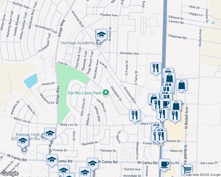 map of restaurants, bars, coffee shops, grocery stores, and more near 217 Elizabeth Drive in Del Rio