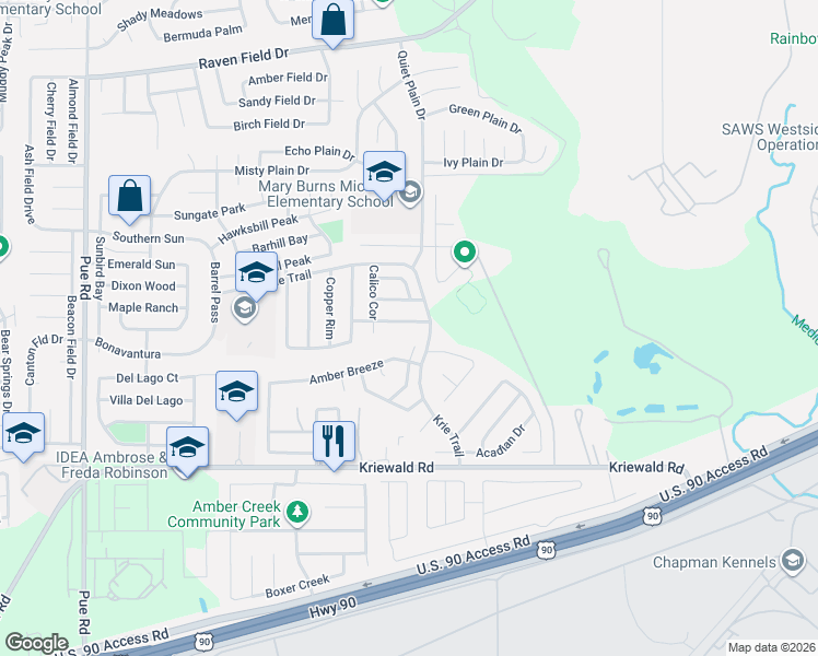 map of restaurants, bars, coffee shops, grocery stores, and more near 9702 Liberty Green in San Antonio