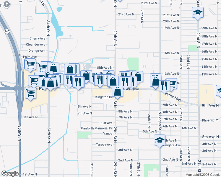 map of restaurants, bars, coffee shops, grocery stores, and more near Palmer Highway in Texas City