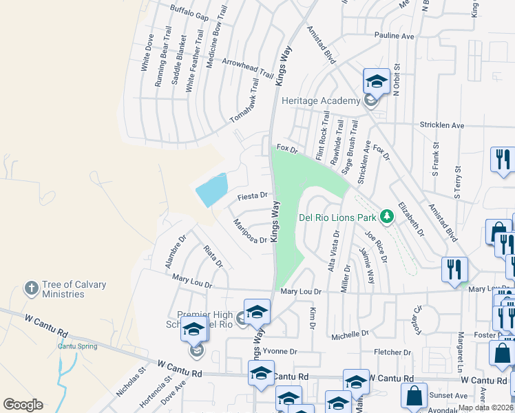 map of restaurants, bars, coffee shops, grocery stores, and more near 109 Paloma Drive in Del Rio