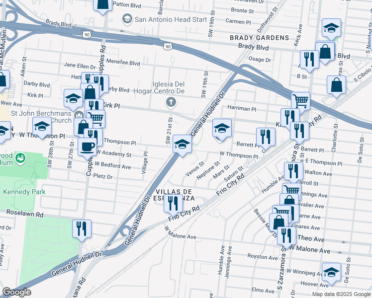 map of restaurants, bars, coffee shops, grocery stores, and more near 1869 Thompson Place in San Antonio