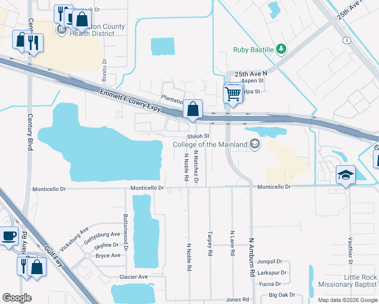 map of restaurants, bars, coffee shops, grocery stores, and more near 1313 North Noble Road in Texas City