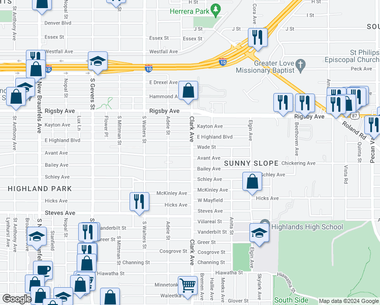 map of restaurants, bars, coffee shops, grocery stores, and more near 1247 Avant Avenue in San Antonio