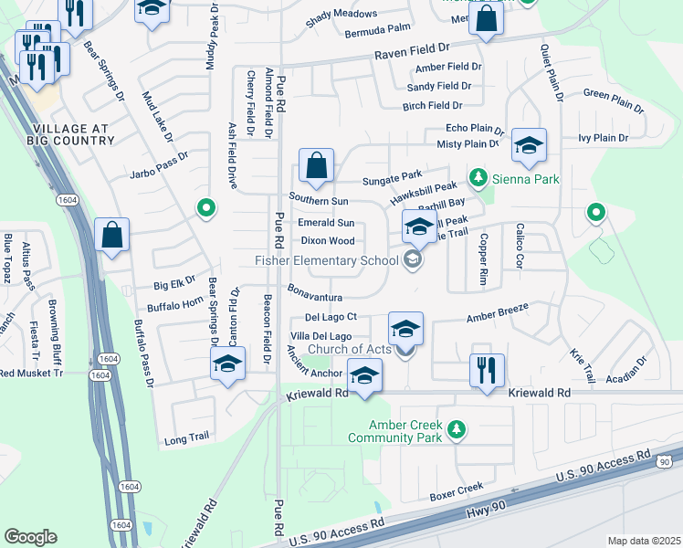 map of restaurants, bars, coffee shops, grocery stores, and more near 10119 Fossil Valley in San Antonio