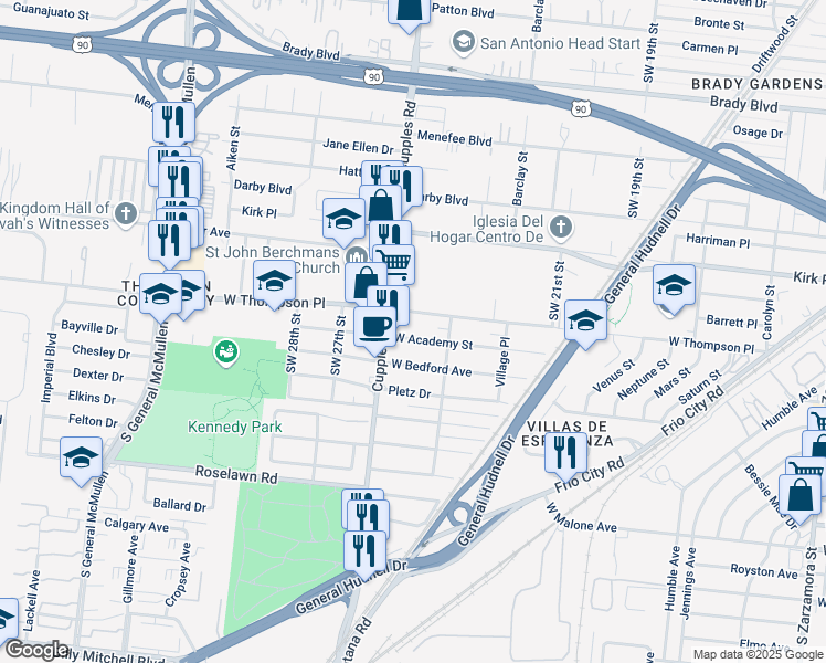 map of restaurants, bars, coffee shops, grocery stores, and more near 335 West Academy Street in San Antonio